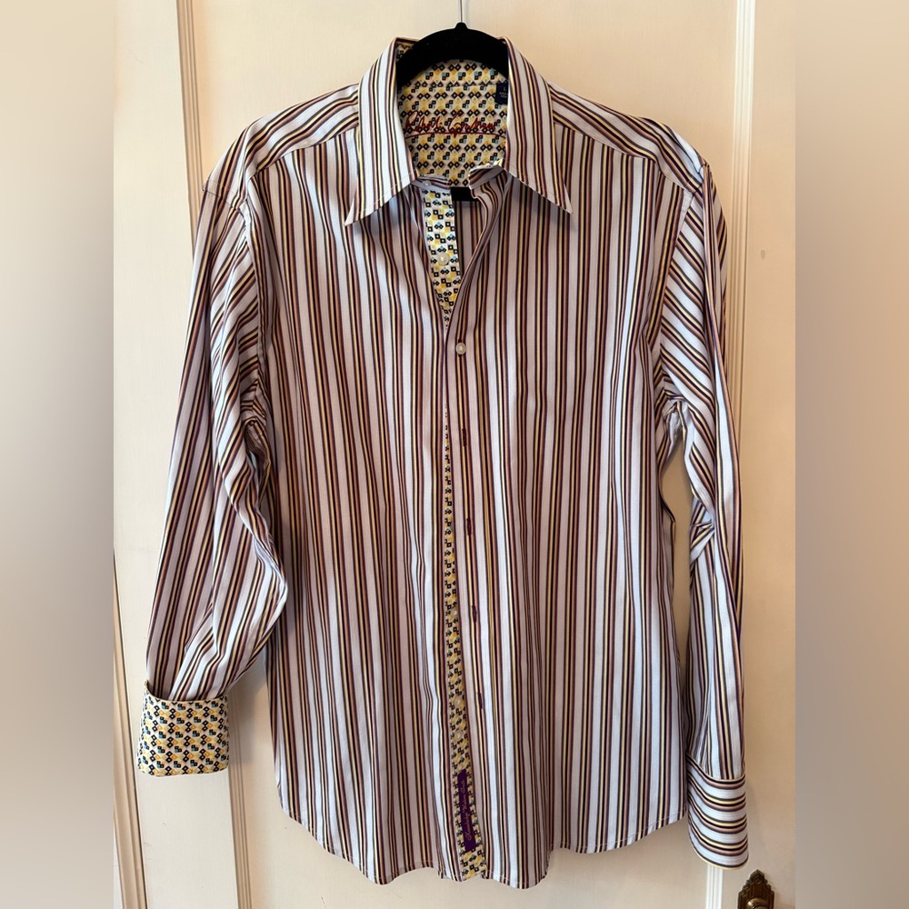 Robert Graham White Dress‎ Shirt with Brown & Blue Stripes